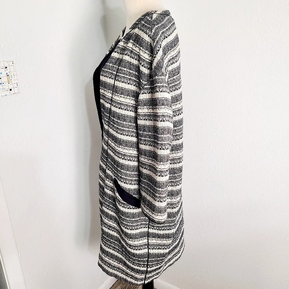 Anne Klein Black,Gray,White Striped Tweed Long Jacket, Black Trim, Size XL - Picture 8 of 12